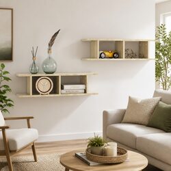 Floating Wall Shelves - Brown Cube Storage, Set of 2
