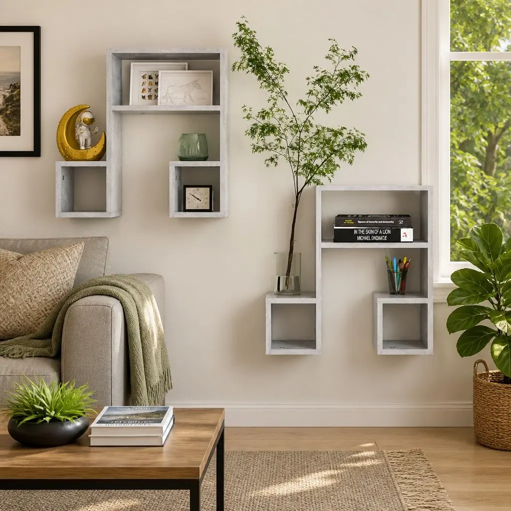 Wall Shelves Music Note Design Grey Set of 2 Hanging Floating Bedroom Living