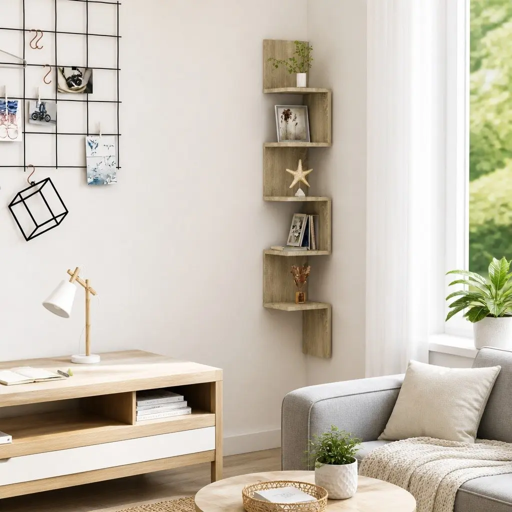 Wall Corner Shelf Sturdy Engineered Wood Space Saving Brown 20 x 20 x 127.5 cm