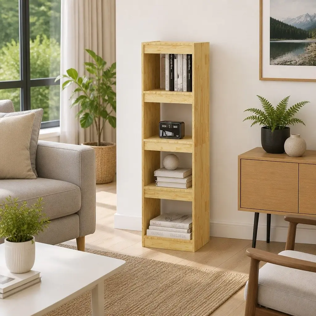 Wooden Bookcase Storage Unit Room Divider 4 Compartments Brown Pinewood
