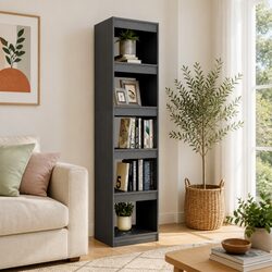 5-Shelf Book Cabinet Room Divider in Grey Solid Pinewood