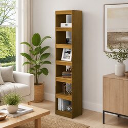 Solid Pinewood Book Cabinet with 6 Compartments in Honey Brown