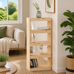 4 Compartment Wooden Book Cabinet Room Divider in Brown Pine
