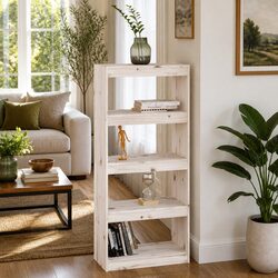4-Compartment Book Cabinet Room Divider in White Pine
