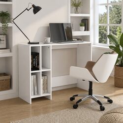 Compact White Notebook Desk with Integrated Shelving
