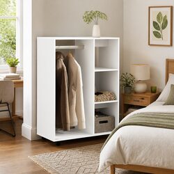 White Engineered Wood Wardrobe Cabinet with Wheels