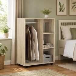 Engineered Wood Wardrobe Cabinet with Wheels and Shelving