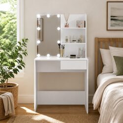LED Mirror Dressing Table with Storage and Shelves in White