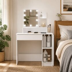 Engineered Wood White Dressing Table with LED Mirror