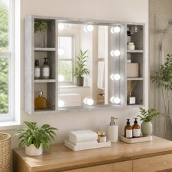 Wall-Mounted Mirror Cabinet with LED Lights Grey 76x15x55cm