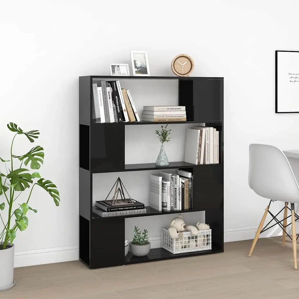 Book Cabinet Room Divider High Gloss Black Storage Shelf 100W x 24D x 124H cm