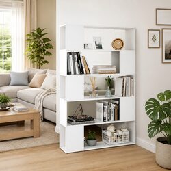 White Standing Bookcase with 5 Compartments for Storage