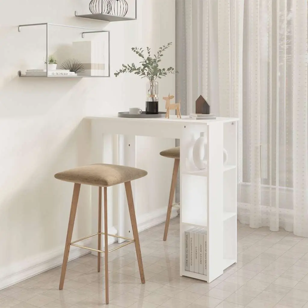 Bar Table with Storage Shelves Compact White Modern Kitchen Dining Furniture