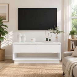 White TV Cabinet with Open Compartment and Drawers