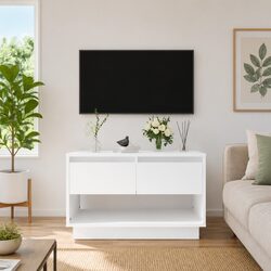 White Engineered Wood TV Cabinet with 2 Drawers and Open Shelf