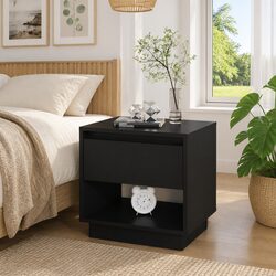 Sturdy Black Nightstand with Drawer and Open Storage