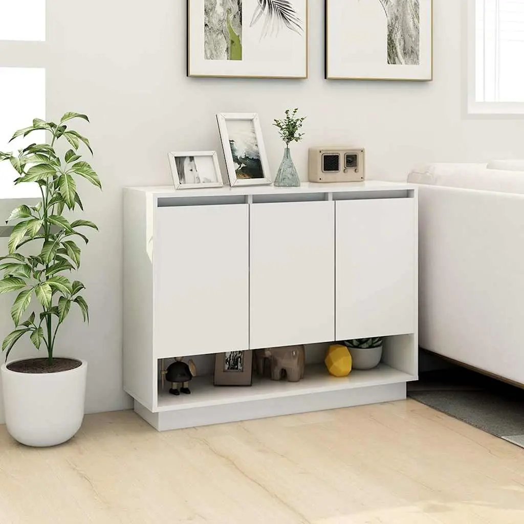 High Gloss White Sideboard Storage Cabinet with Open Compartment 3 Doors for Living Room 97cm Wide