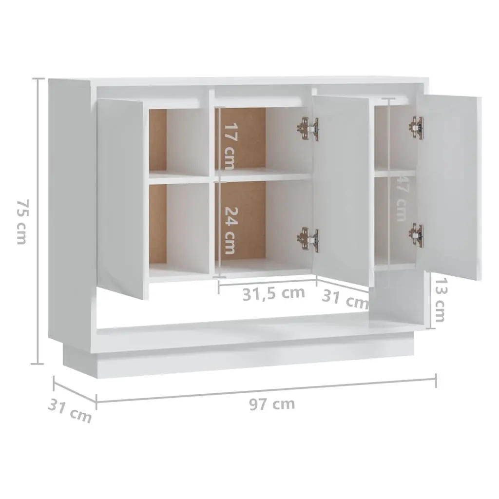 High Gloss White Sideboard Storage Cabinet with Open Compartment 3 Doors for Living Room 97cm Wide