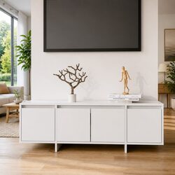 4 Door White TV Cabinet with Engineered Wood Construction
