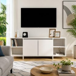 High Gloss White TV Cabinet with 2 Doors and Shelves