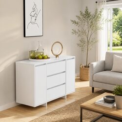 White Engineered Wood Sideboard with 3 Drawers and 2 Doors