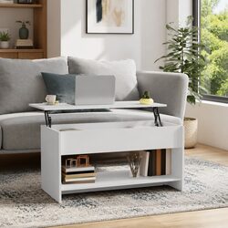 Engineered White Coffee Table with Adjustable Height