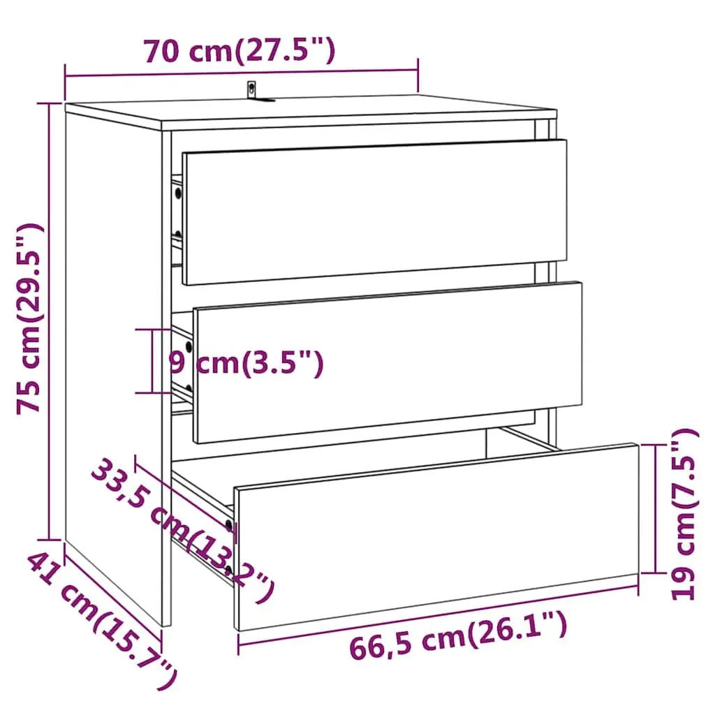 Sideboard Grey 70x41x75cm Storage Cabinet with 3 Drawers Engineered Wood