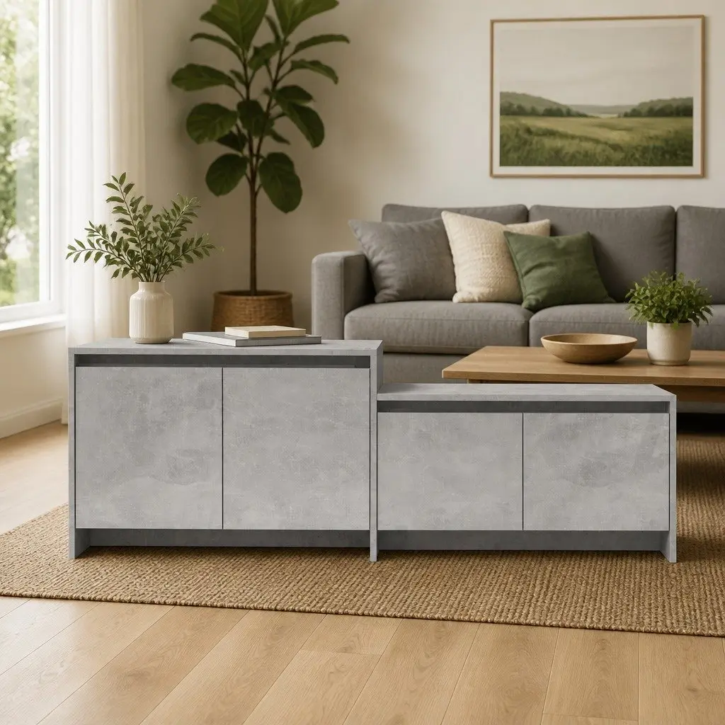 Lowboard TV Cabinet Engineered Wood Concrete Grey 4 Doors 1465x350x500mm Living Room Storage Unit