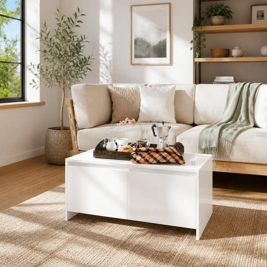 Coffee Table High Gloss Finish Spacious White Storage 2 Drawers