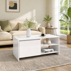 White Coffee Table with Storage Shelves and Compartment