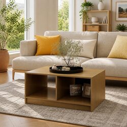 Modern Brown Pinewood Coffee Table with Storage Shelf