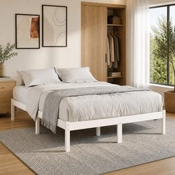 White Solid Pinewood Bed Frame 135x190 cm Slatted Base