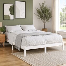White Solid Wood King Bed Frame 183x203cm with Slatted Base