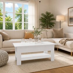 White Coffee Table with Two-Tier Design and Storage Shelf