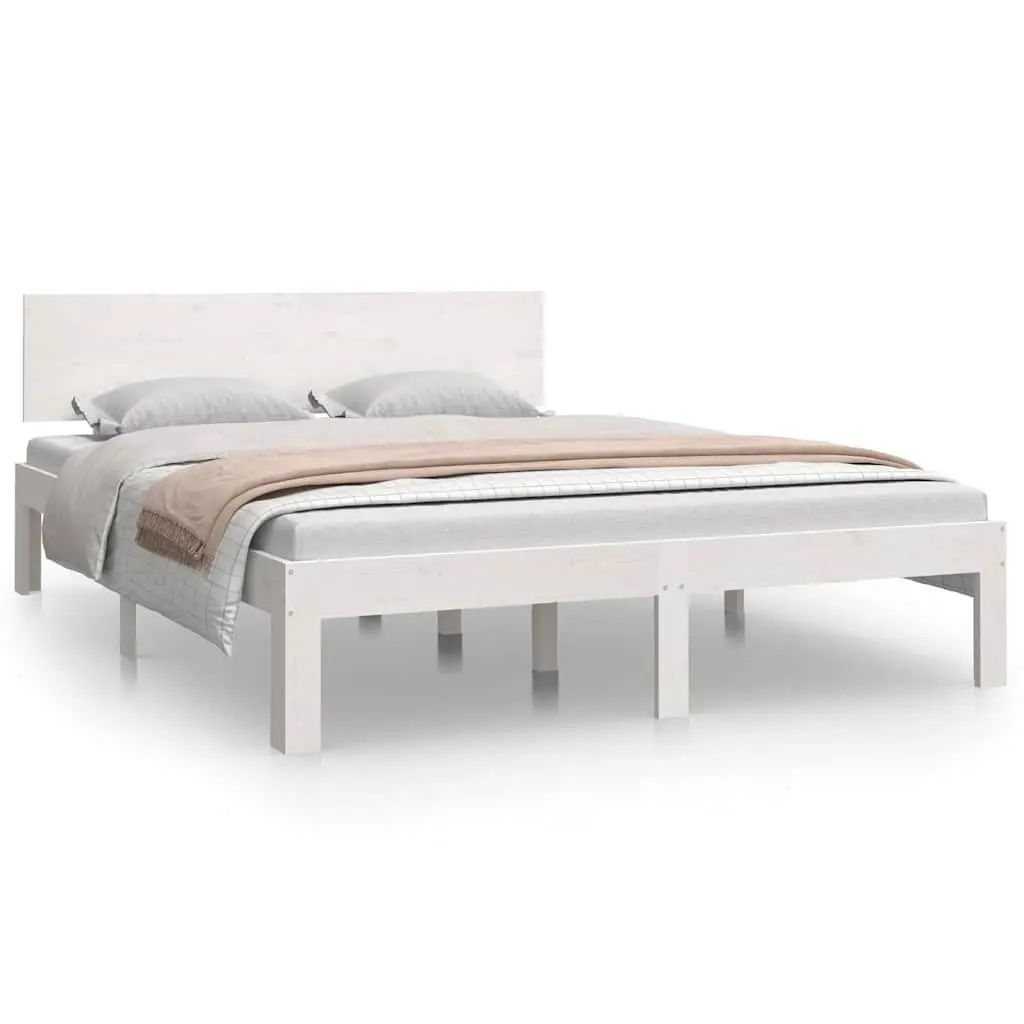 Wooden Bed Frame White 150x200cm Solid Pine Wood Slatted Base Modern
