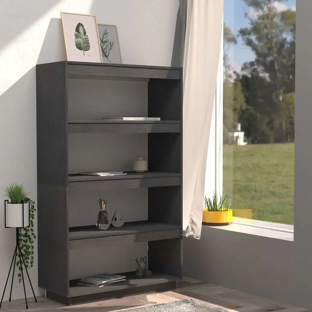 Book Cabinet Room Divider Solid Pinewood Storage Organizer Grey 80 x 35 x 135 cm