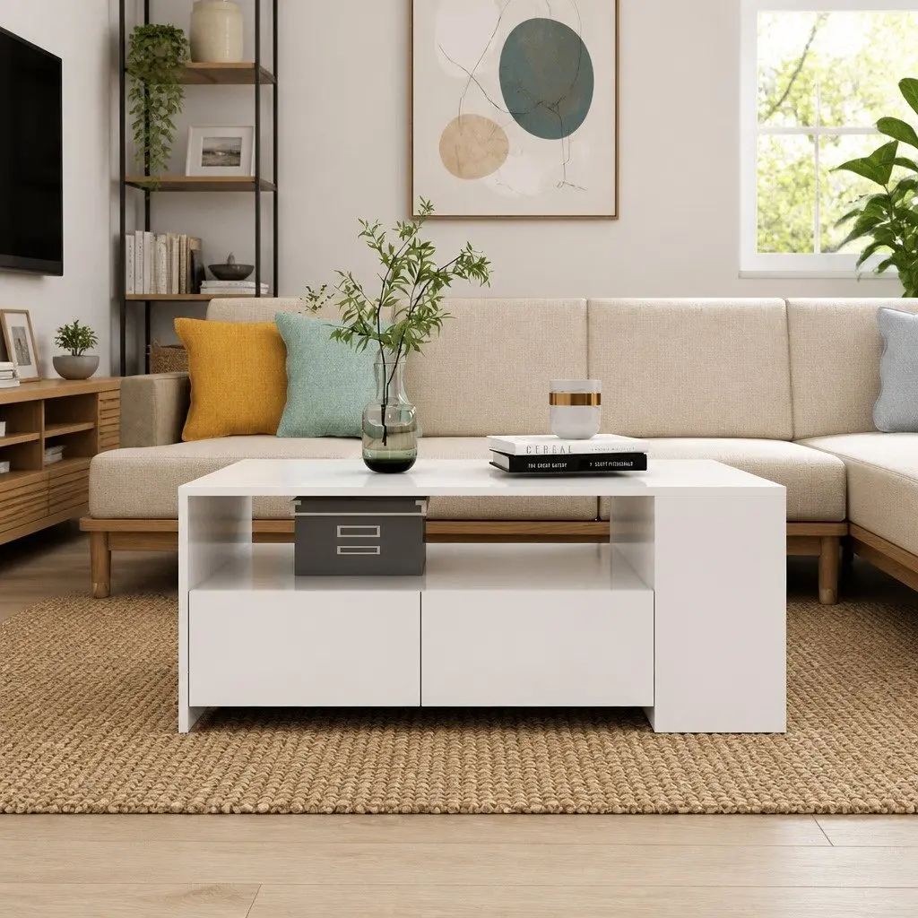 Coffee Table Storage Shelf Drawers 102L x 55W x 42H cm White