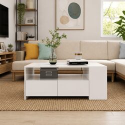 Functional White Coffee Table with Storage Solutions