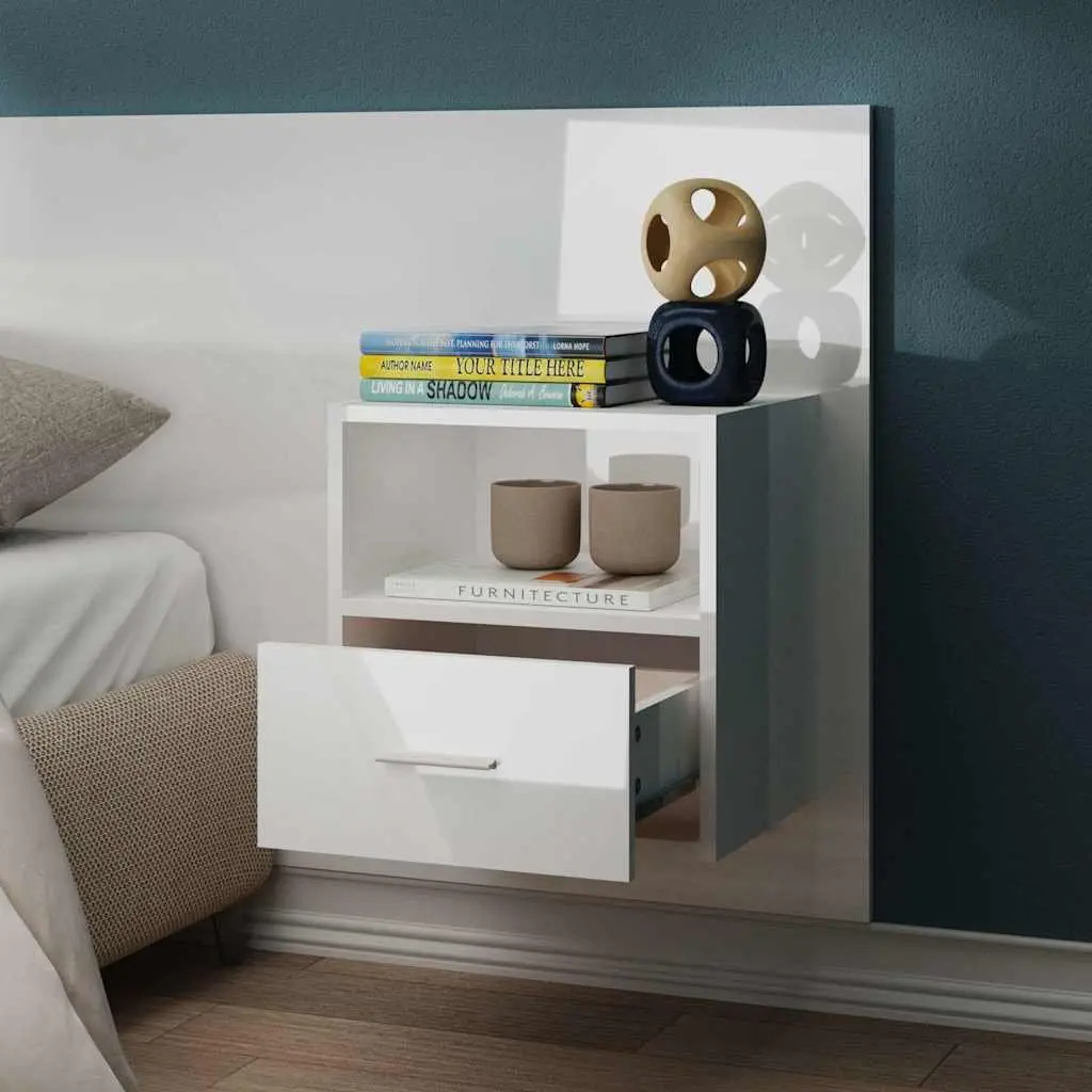 Wall-mounted Bedside Cabinet Storage Unit with Drawer White High Gloss