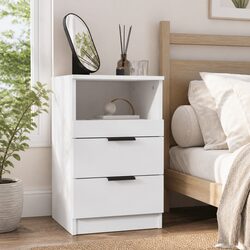 White Engineered Wood Nightstand with 2 Drawers and Compartment