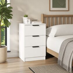 White Engineered Wood Bedside Cabinet with 3 Drawers