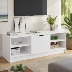 White Engineered Wood TV Cabinet with Storage Shelves