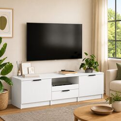 Engineered Wood White TV Cabinet with 3 Storage Compartments