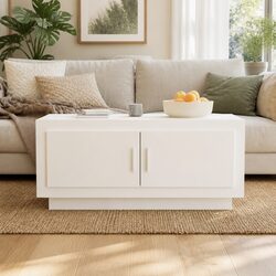 White Engineered Wood Coffee Table with Storage Doors