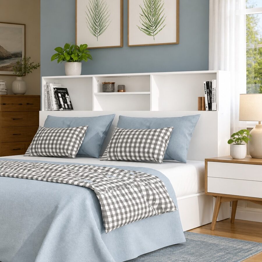 160cm White Engineered Wood Wall-Mount Headboard Cabinet