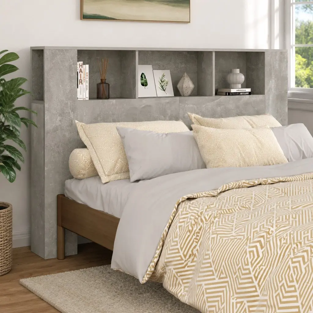 Headboard Cabinet Wall-Mounted Bedroom Storage Organiser Grey 160 cm
