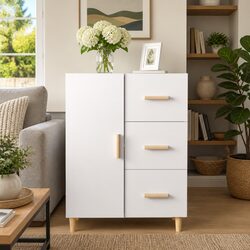 White High Gloss Sideboard with Engineered Wood and 3 Drawers
