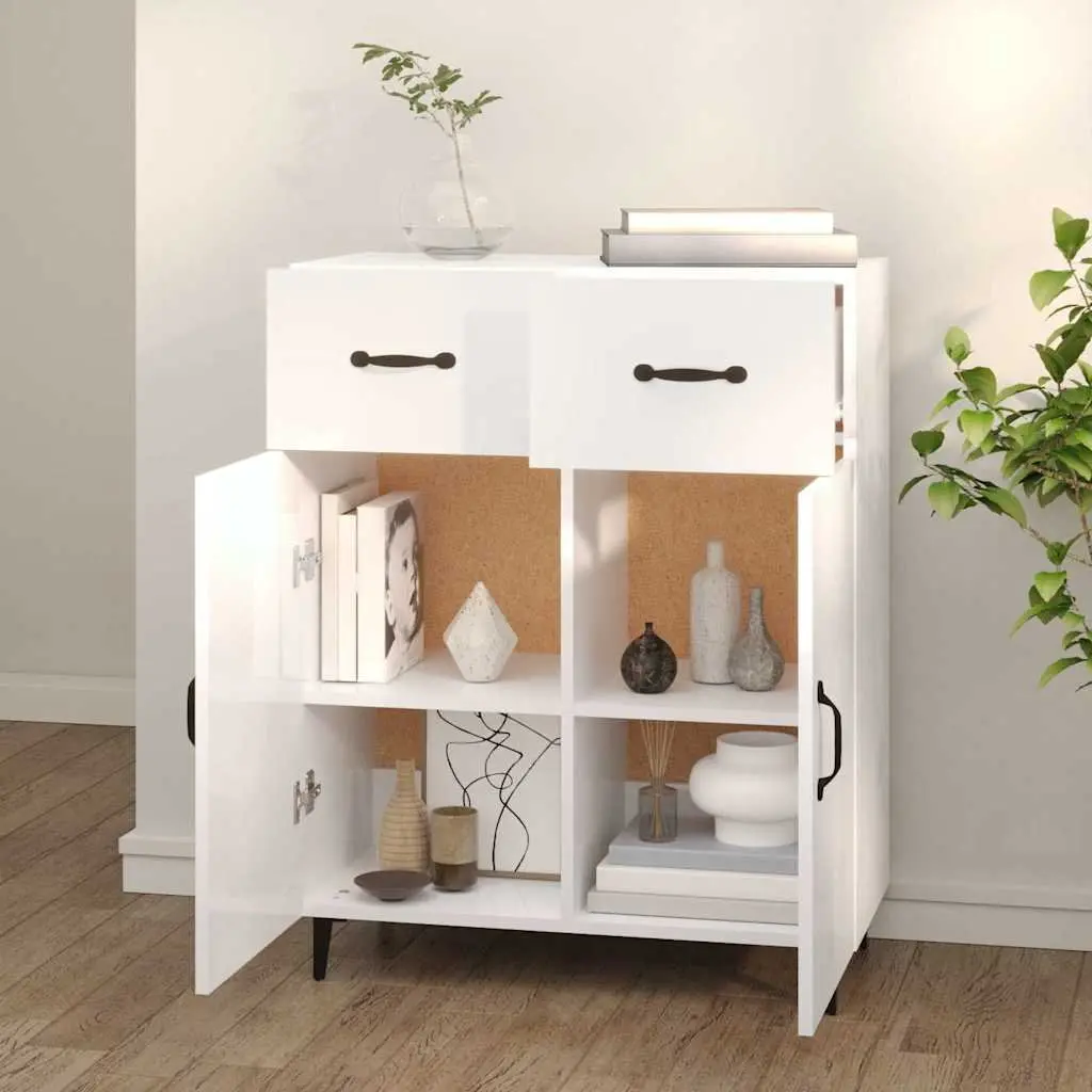 High Gloss White Sideboard Cabinet 69.5x34x90cm with 2 Doors and 2 Drawers for Organized Storage