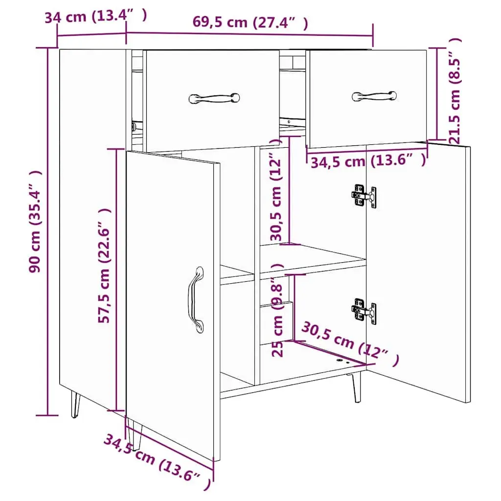 High Gloss White Sideboard Cabinet 69.5x34x90cm with 2 Doors and 2 Drawers for Organized Storage