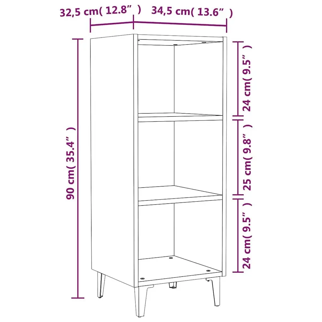Sideboard Cabinet High Gloss 34.5x32.5x90cm White 3 Compartments